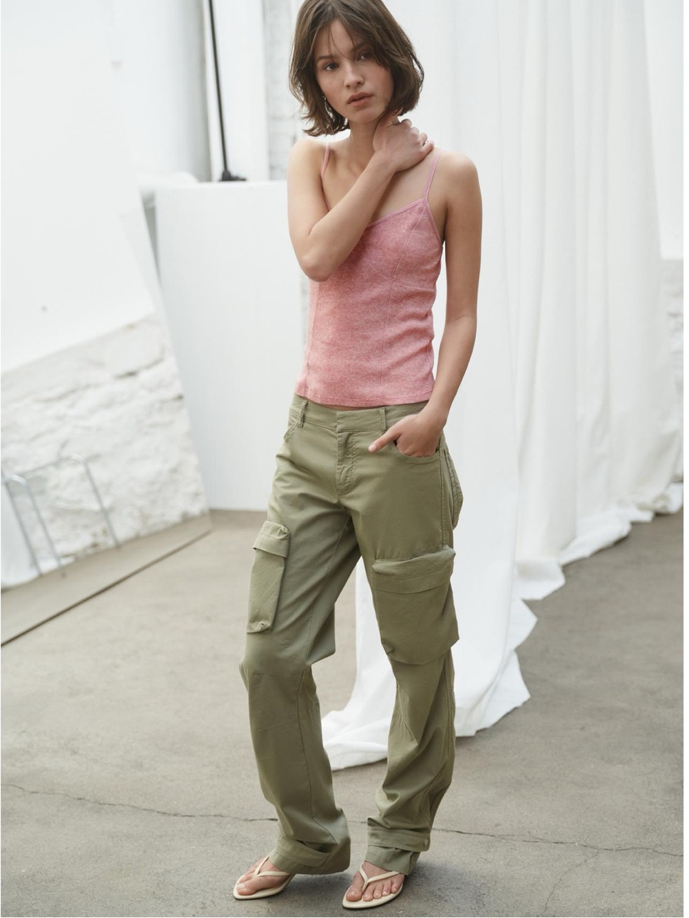 Zara NWT Straight Leg Cargo Pants Light Khaki Utility Adjustable Hem M